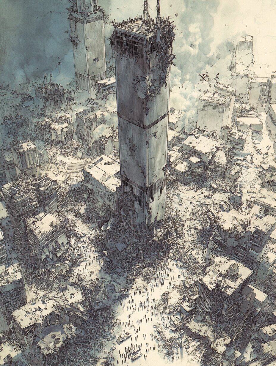 Seen from above, two damaged towers stand over a city of rubble and dust while a small crowd gathers in the street below.