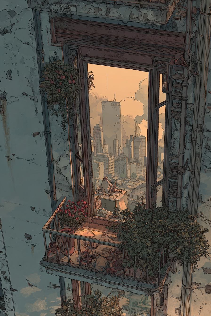 An apartment window at dusk over the roofs of Athens, the room dark around it, a warm light on the sill.