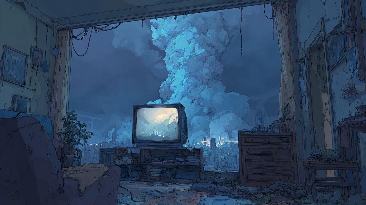 A small television glows in a dark room while a huge column of smoke fills the window behind it.