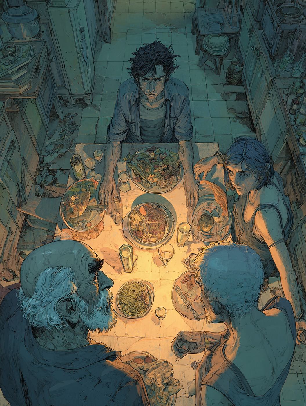 Seen from above, a family sits round a lamp lit dinner table, the parents turned toward the young man.
