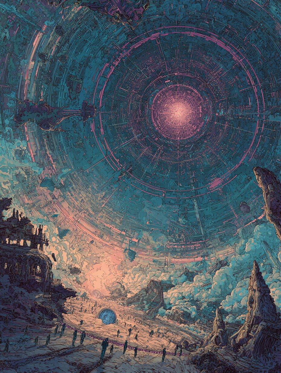 Tiny figures cross a plain beneath an immense sky of concentric rings closing on a bright pink center.
