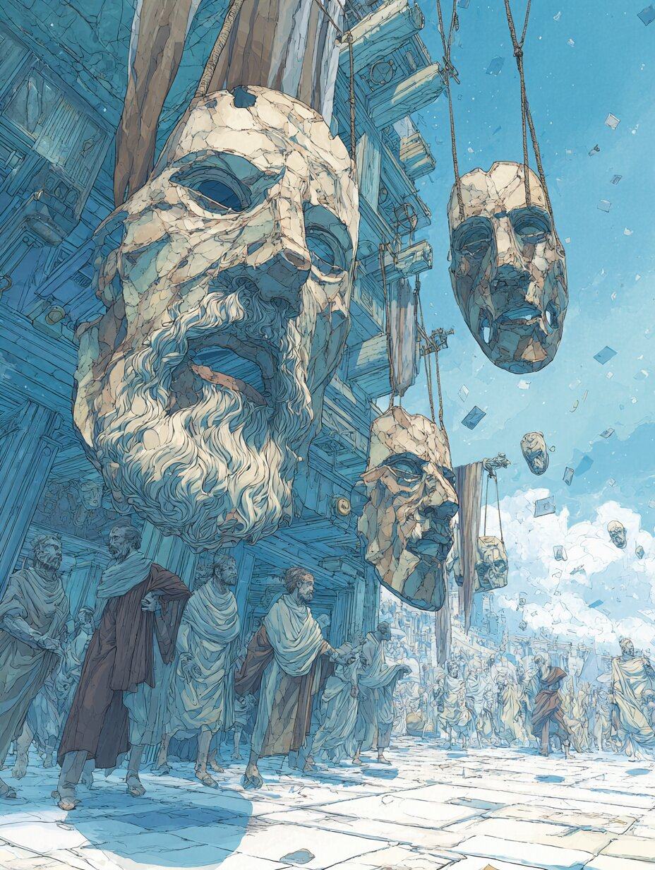 Giant cracked stone masks, the largest a bearded face, hang on ropes above robed men walking through a sunlit colonnade, scraps of paper drifting in the air.