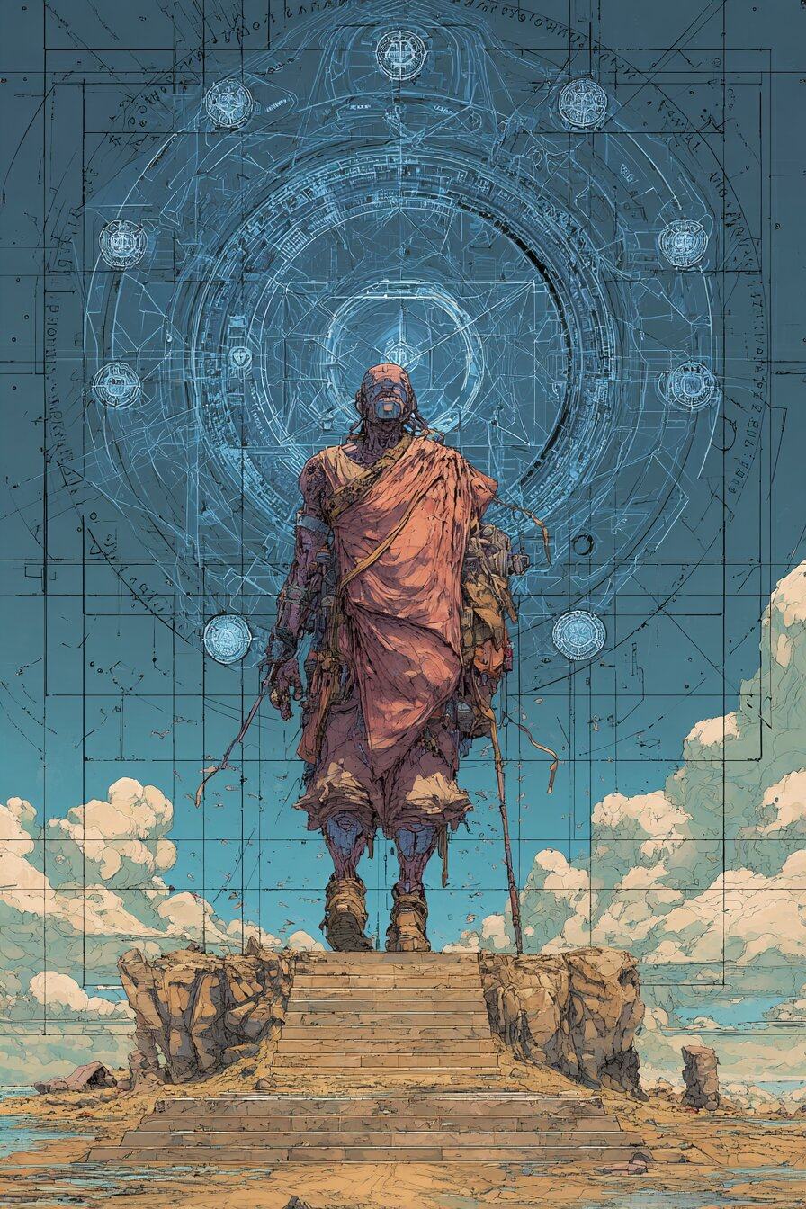 A robed figure with a staff stands at the top of stone steps against a blue sky ruled with circles, grids and diagrams.