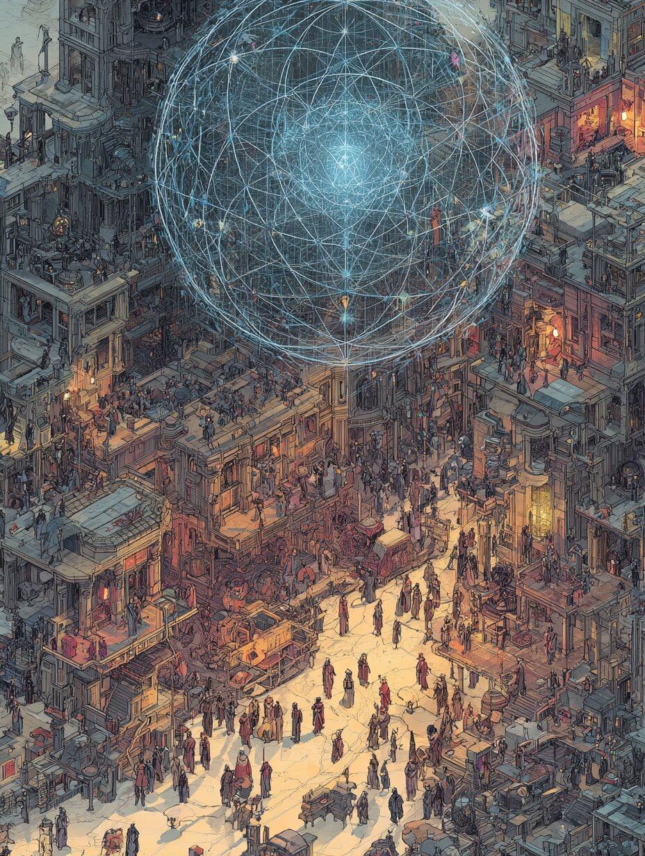 Seen from above, crowds fill the streets of a dense old city while a huge glowing sphere of fine white lines hangs over the rooftops.