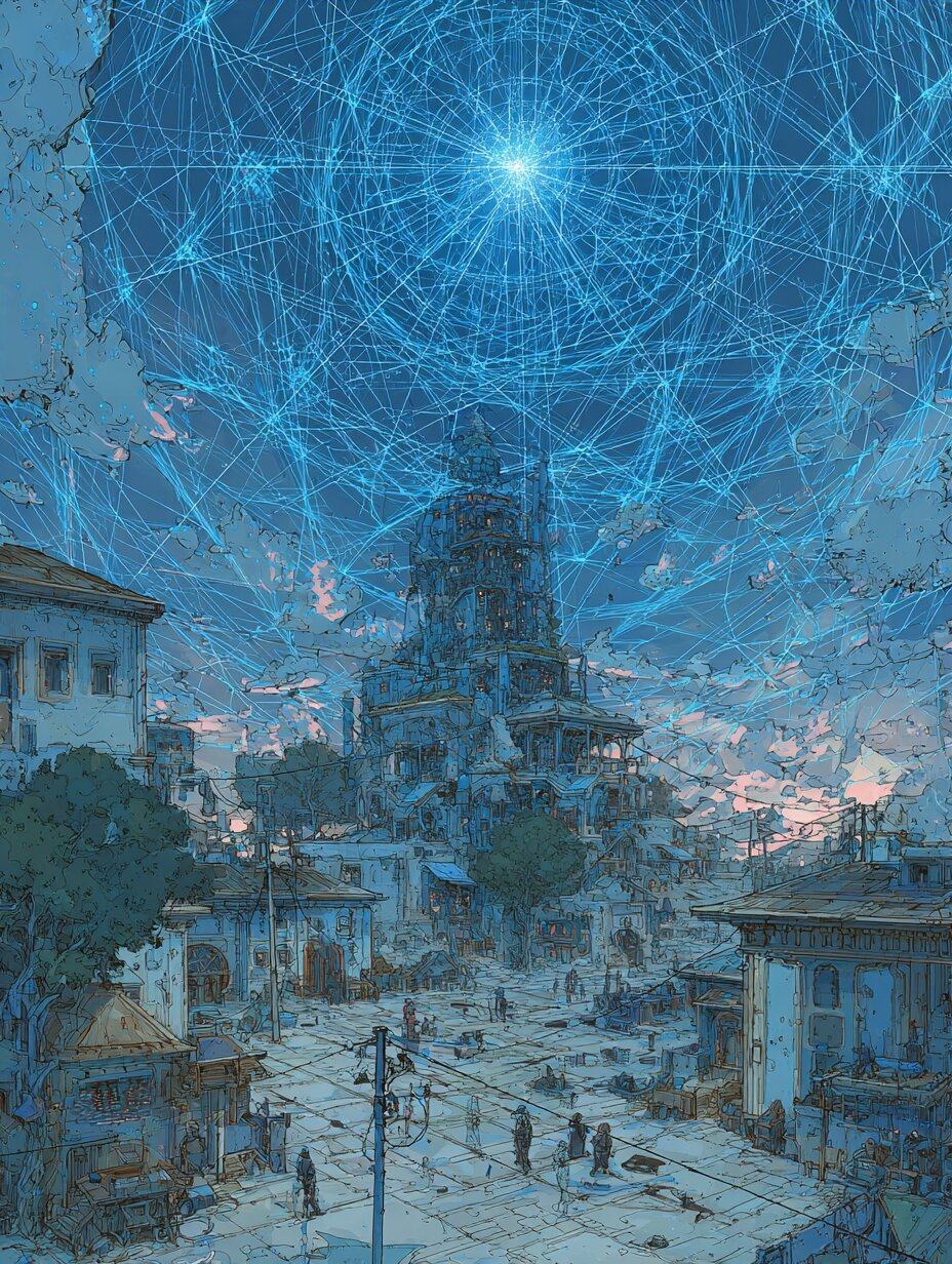 A web of bright blue lines spreads from one point across the whole sky above a tall tower and a quiet town square with a few small figures.