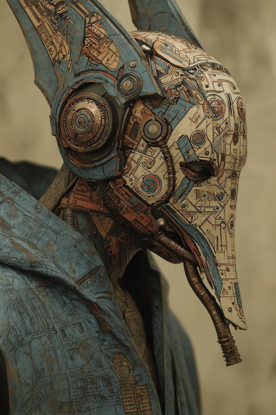 A figure seen in profile wears a long beaked mask of metal plates, circuitry and cables, with a round device over the ear.