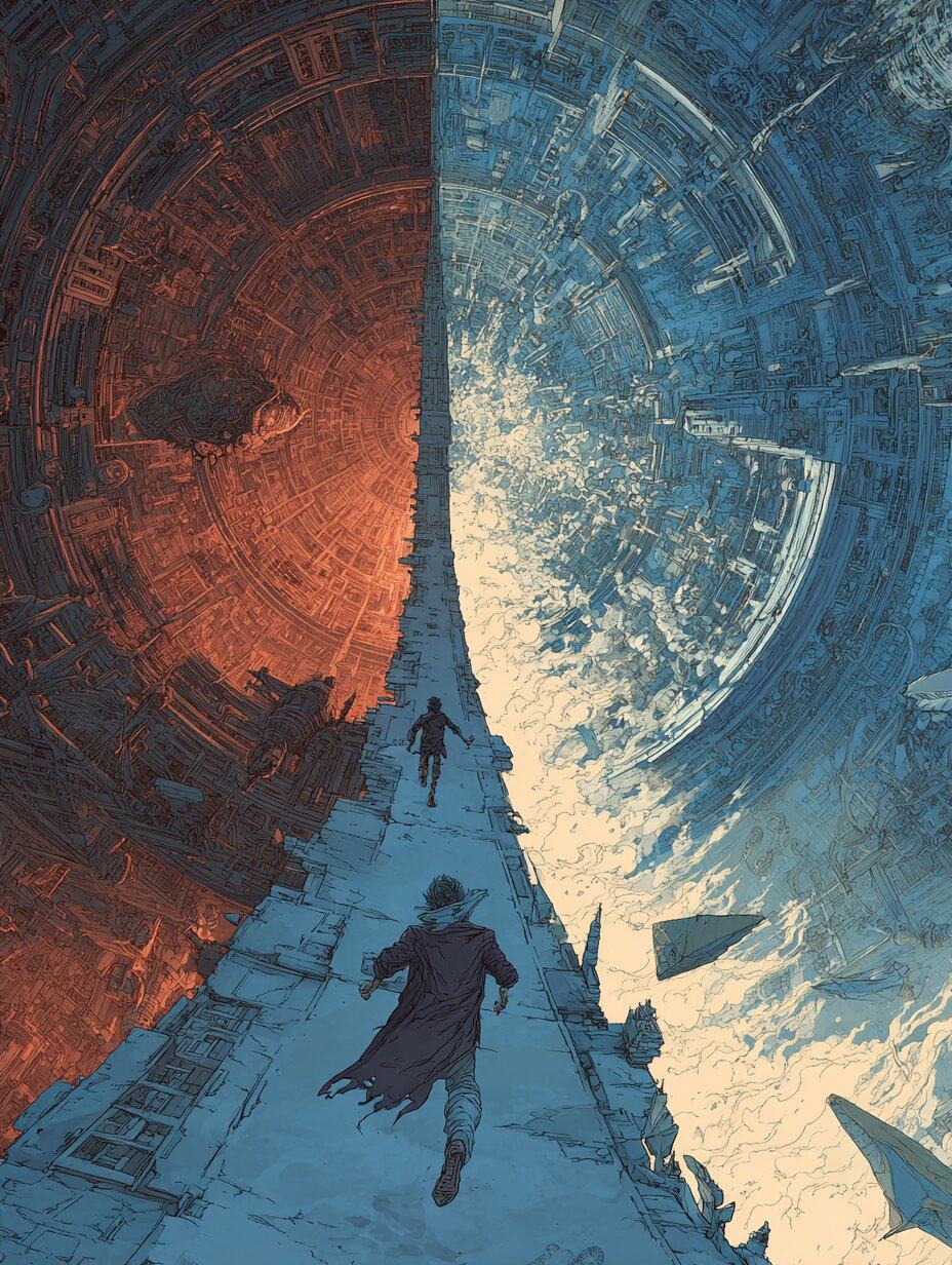 A figure in a long coat runs up a narrow path that divides a red world from a blue one, a second small figure far ahead.