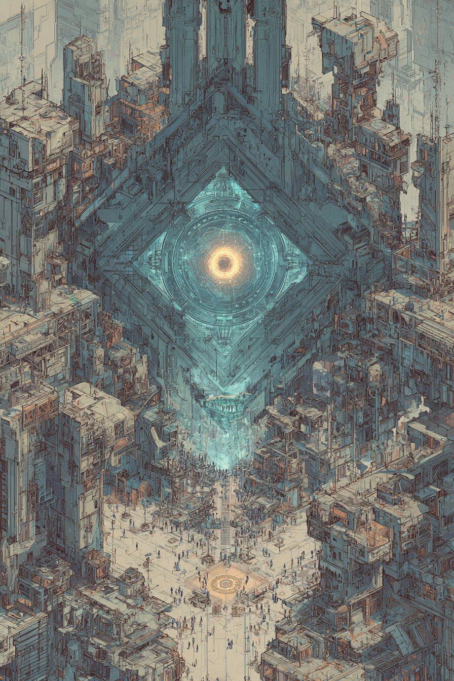 A vast city folds symmetrically around a diamond of pale green light with a glowing ring at its center, crowds filling the square below.