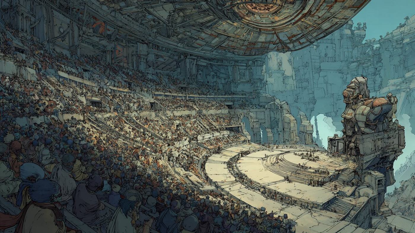 A packed stone amphitheatre curves around a pale stage, a colossal carved figure seated at its edge under a vast disc in the sky.