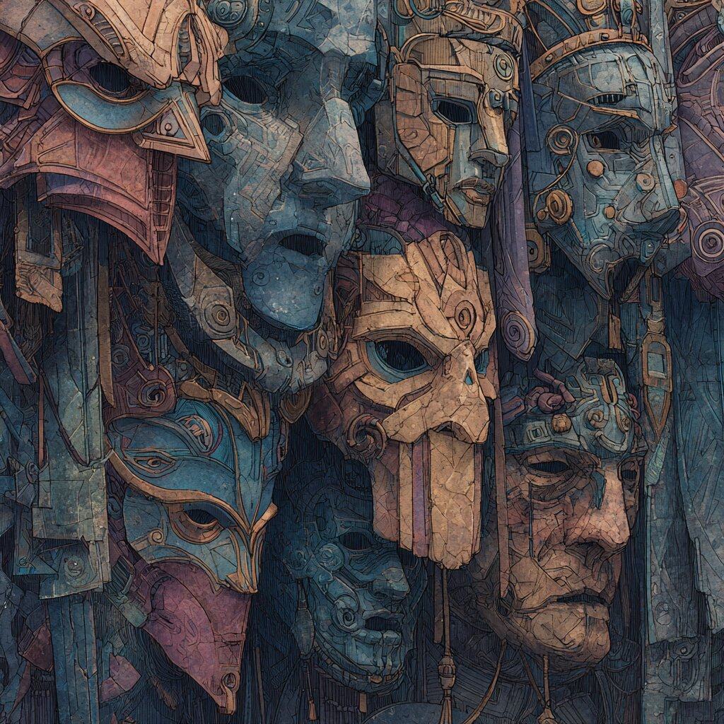 A wall of carved masks in worn pink, blue and ochre, some with open mouths and empty eyes, hangs crowded together.