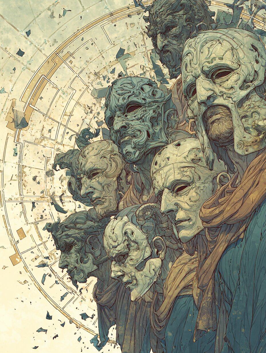 A cluster of pale green theatre masks with hollow eyes rises above a robed body wrapped in an orange scarf, fragments scattering across a large circle behind.