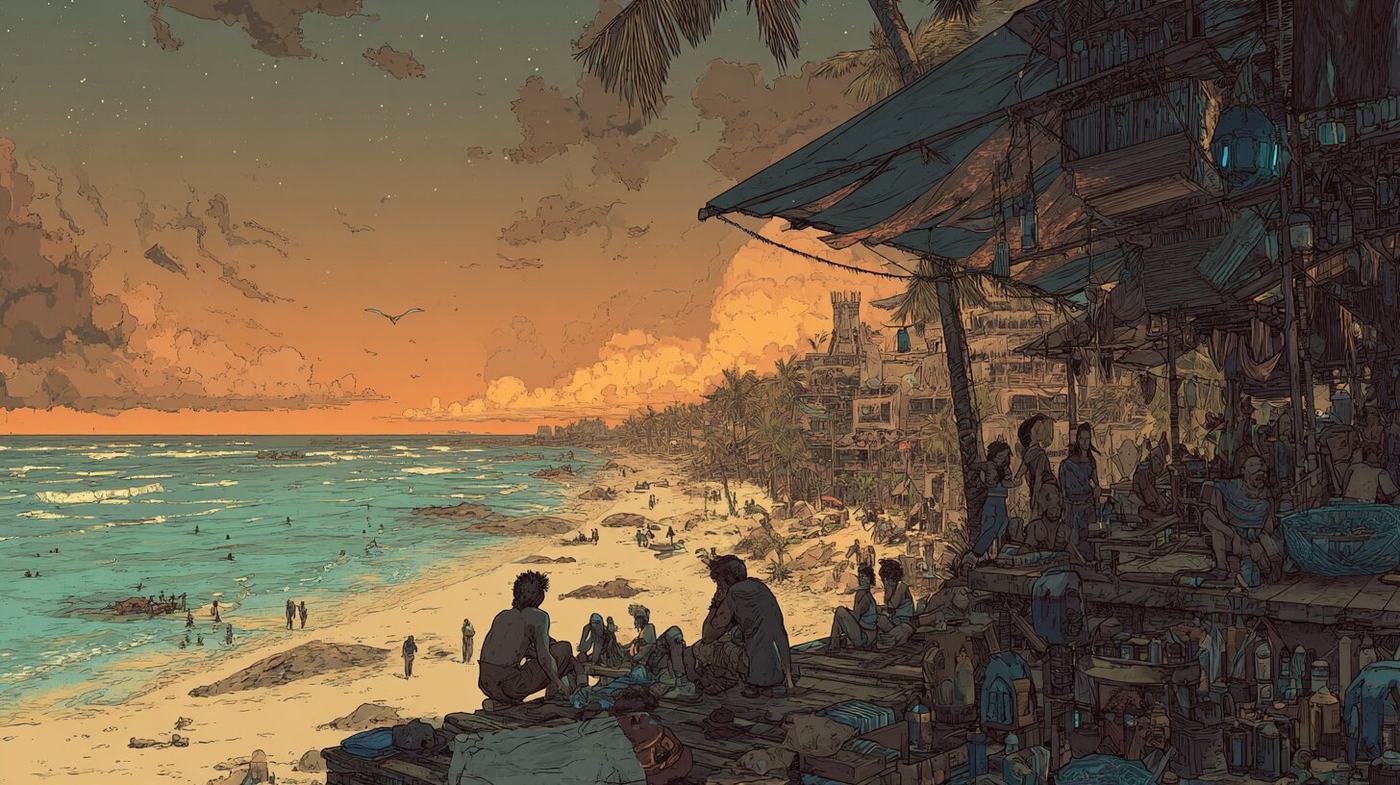 People sit talking under the awnings of a crowded beach bar at sunset, bathers in the turquoise shallows and a palm lined shore curving away.
