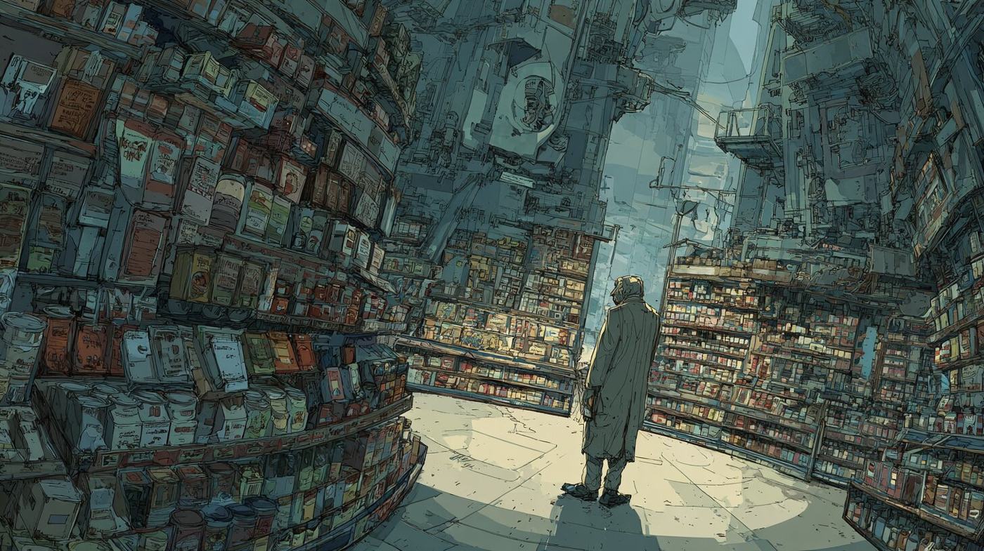 A lone man in a long coat stands in a shop aisle where the shelves of packaged goods curve and tower around him.
