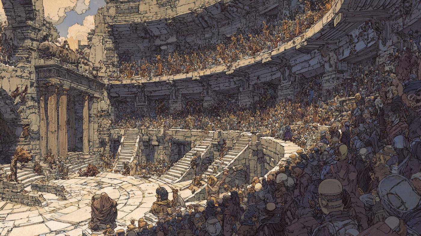 Tiers of spectators crowd a ruined stone theatre around a small paved floor with steps and a columned doorway, a robed figure seated at its center with his back turned.