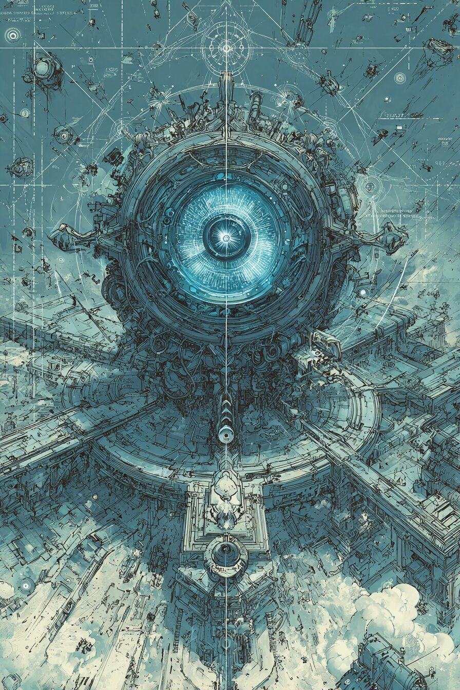 A huge round machine with a glowing blue eye at its center floats above the clouds, ringed by walkways and drawn over faint measuring lines and circles.