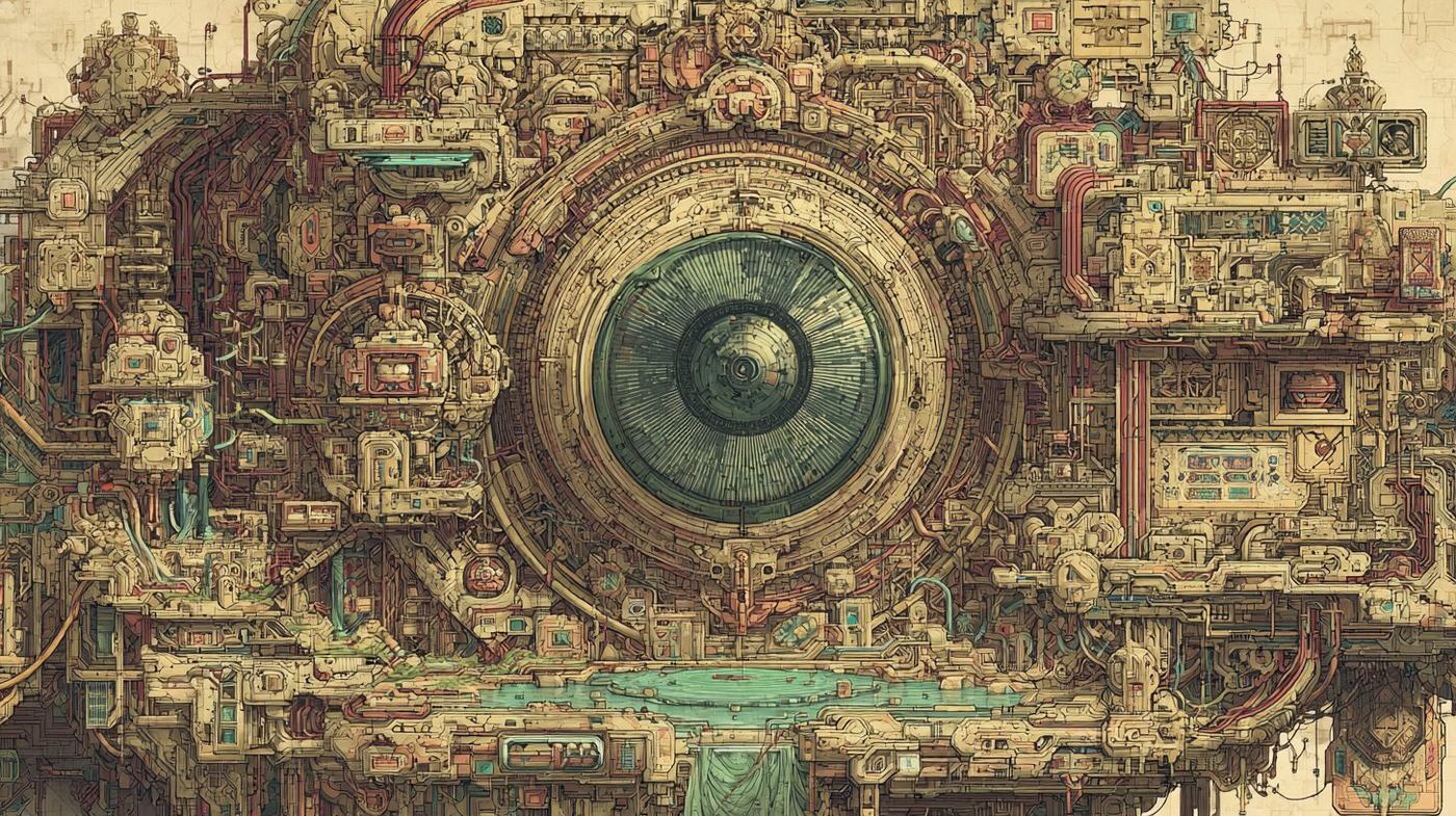 A wall of ornate cream and brown machinery packed with pipes, dials and small panels surrounds a great round green lens above a narrow turquoise pool.