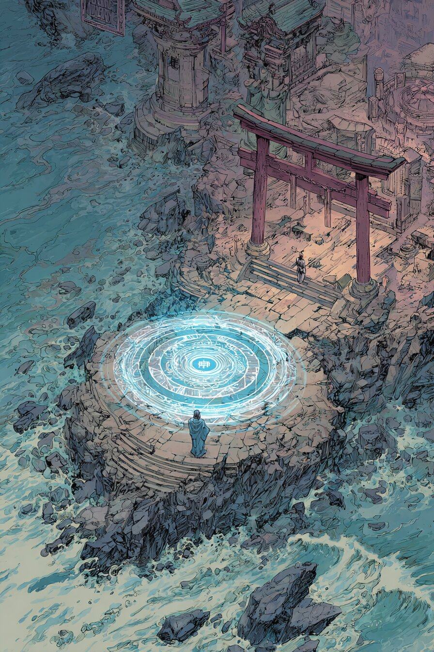 Seen from above, a small figure stands before a glowing circle of blue rings on a rocky point in rough sea, a red gate and stone shrines behind.