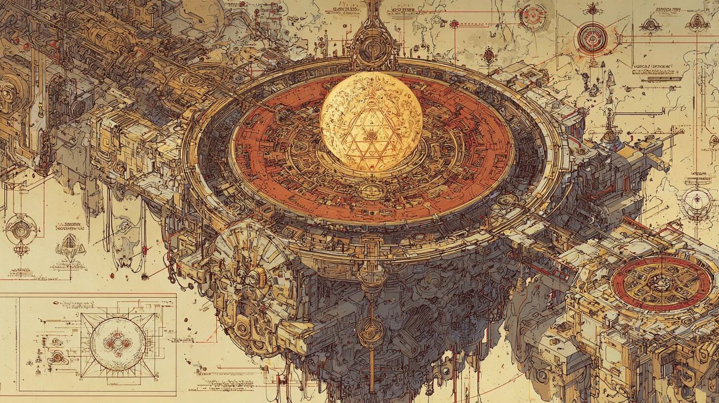 A floating island of machinery carries a golden sphere on a wide red disc, drawn over paper covered in technical diagrams.