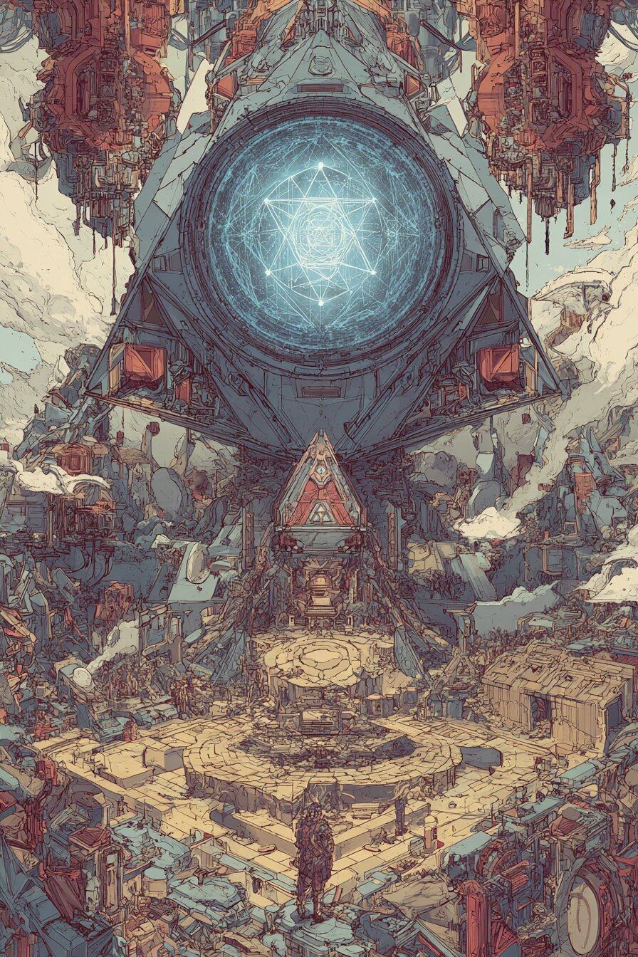 A great triangular machine holds a round window with a glowing six pointed star above a stepped stone court, one small figure standing before it among red machinery.
