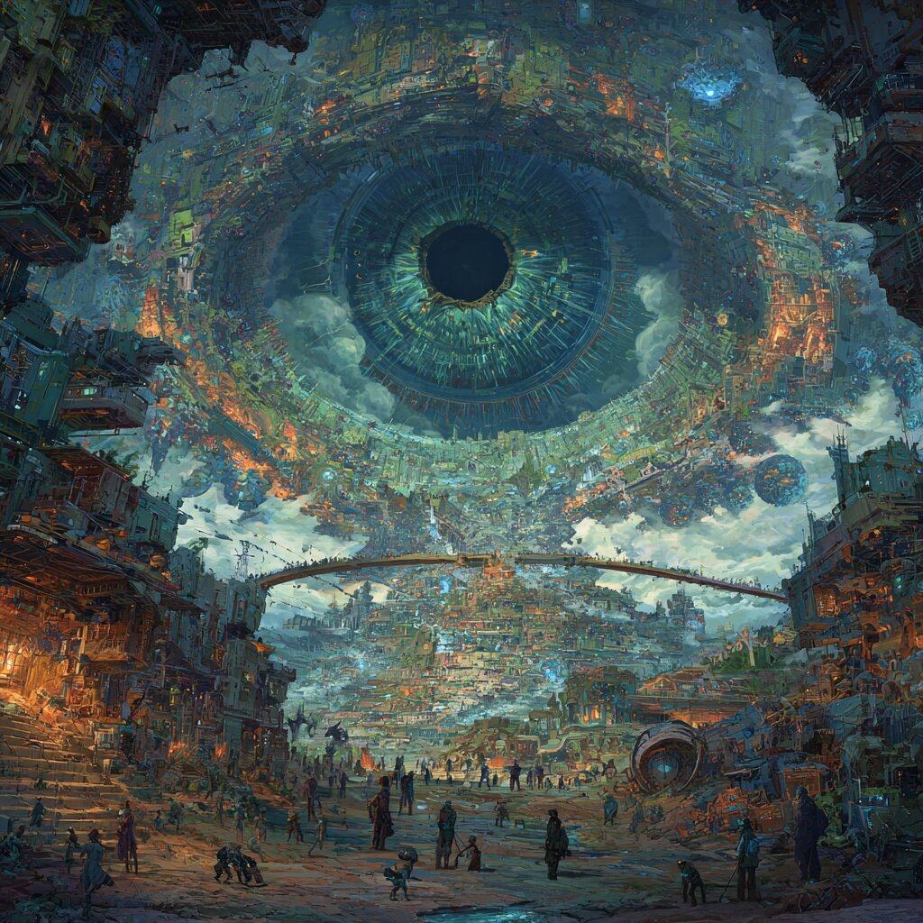 A colossal eye made of curving city streets and clouds looks down on a crowded plaza, a thin bridge arching across beneath it.