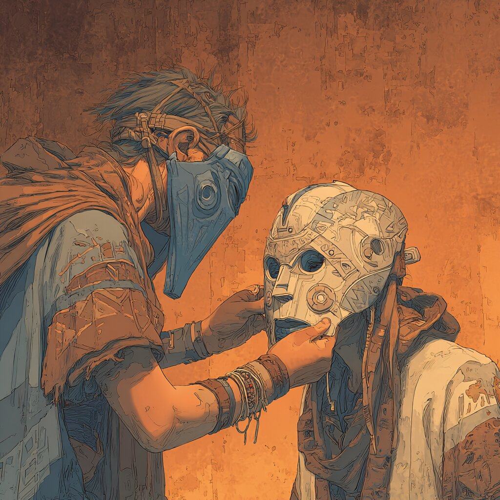 A man in a blue half mask and orange cloak fits a pale carved mask onto the face of a hooded figure, against a rough orange wall.