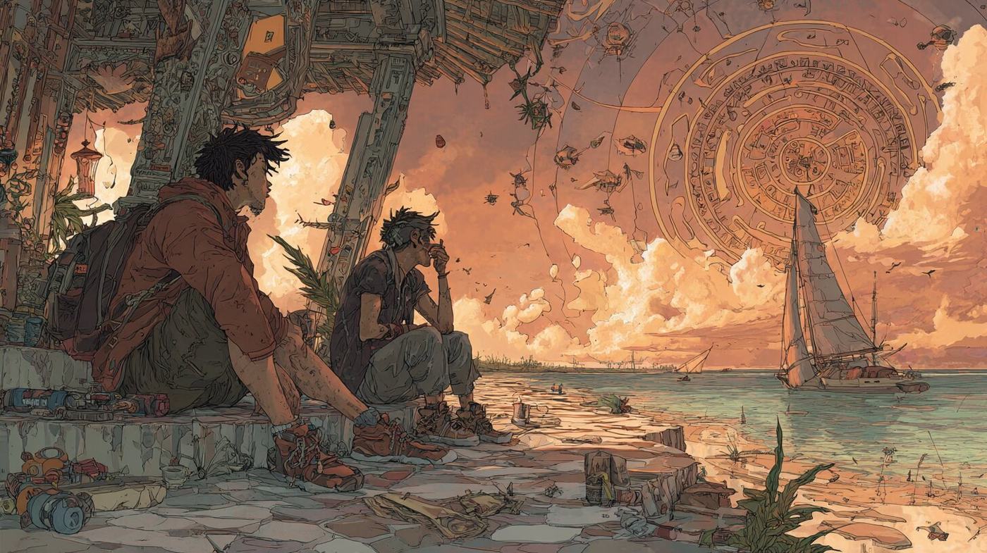 Two young men sit on stone steps by the sea under a ruined colonnade, a sailboat offshore and a great ringed disc in the sunset sky.