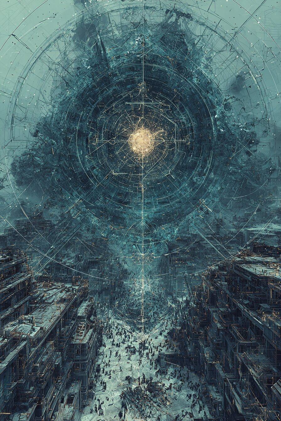 A dark cloud of fine blue circles and lines surrounds a small golden sun, high above a street packed with people between tall buildings.