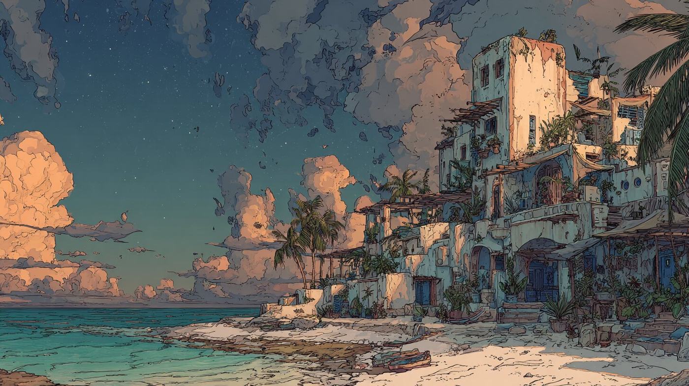 White terraced houses with blue doors and palms step down to an empty beach and a turquoise sea, big clouds lit pink in a starry evening sky.