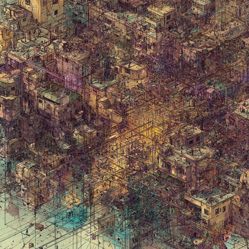 A dense hillside of stacked box like houses seen from above, tangled in a fine mesh of coloured lines and scaffolding.