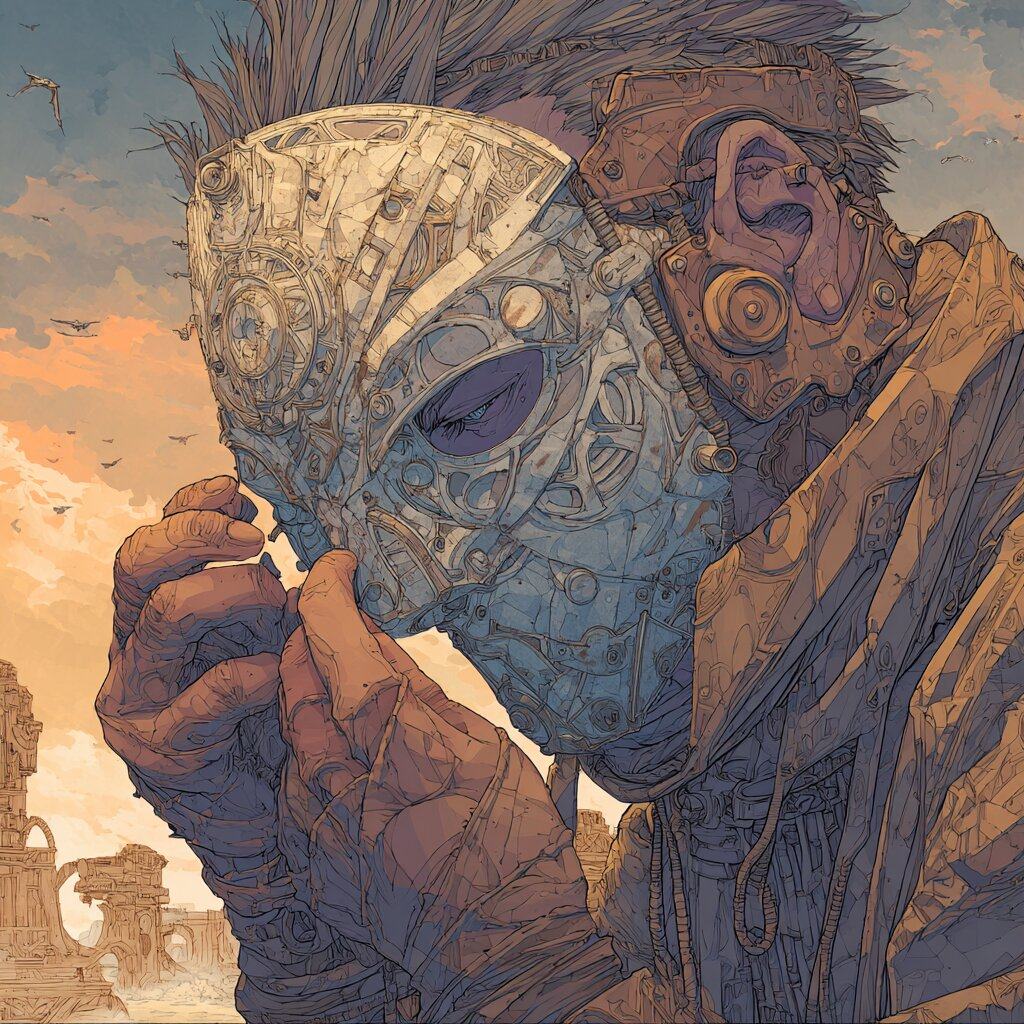 A man with spiked hair holds an ornate metal mask up to his face with one large hand, ruins and an orange sky behind him.