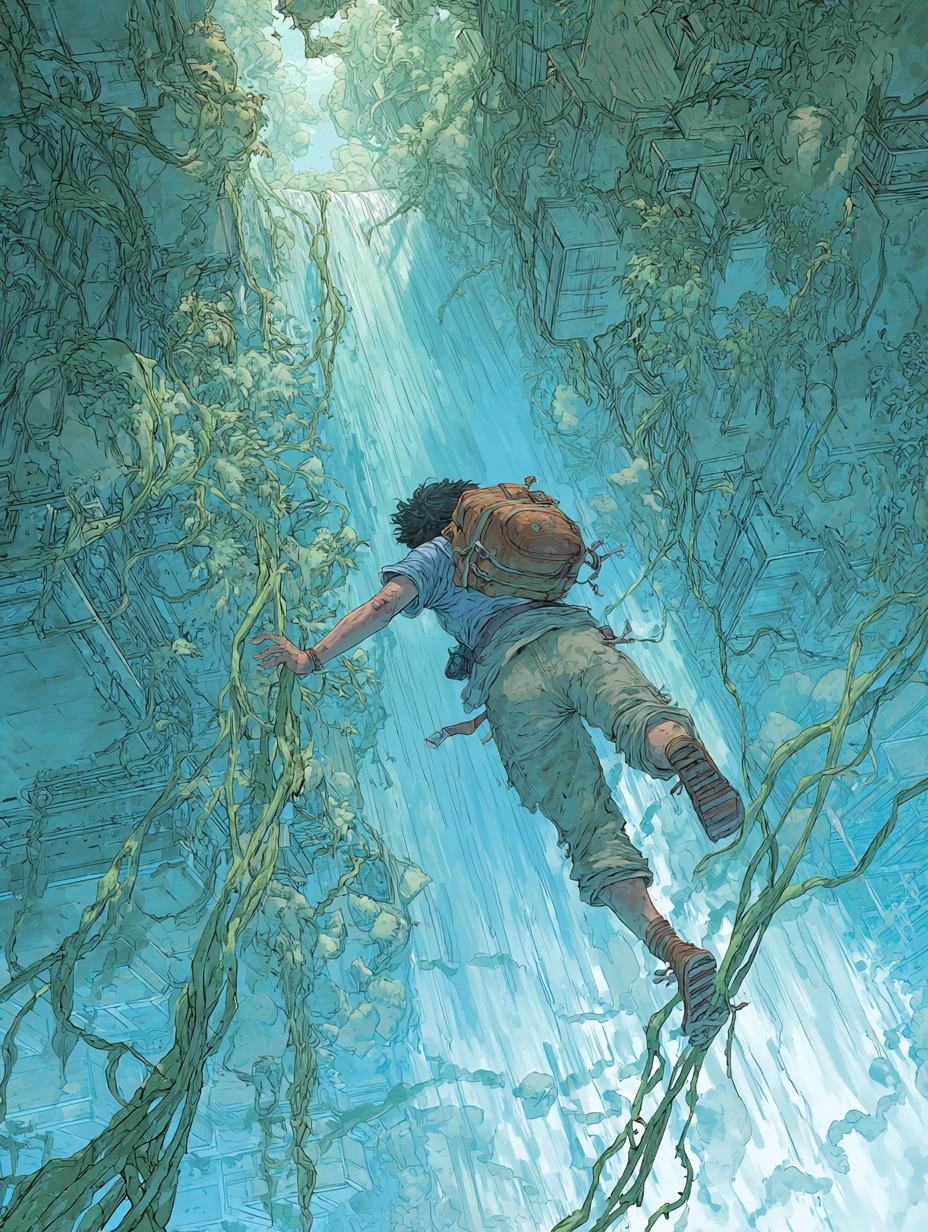 Seen from below, a young backpacker hauls himself up hanging vines beside a tall waterfall, blue light pouring down through the green.