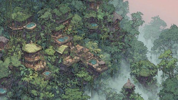 Seen from above, wooden huts and platforms with mossy roofs sit among the trees of a misty rainforest.