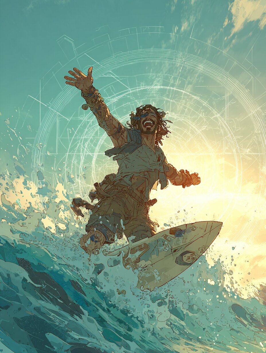 A laughing surfer bursts out of the white water with one arm raised, his board beside him, the sun low behind.