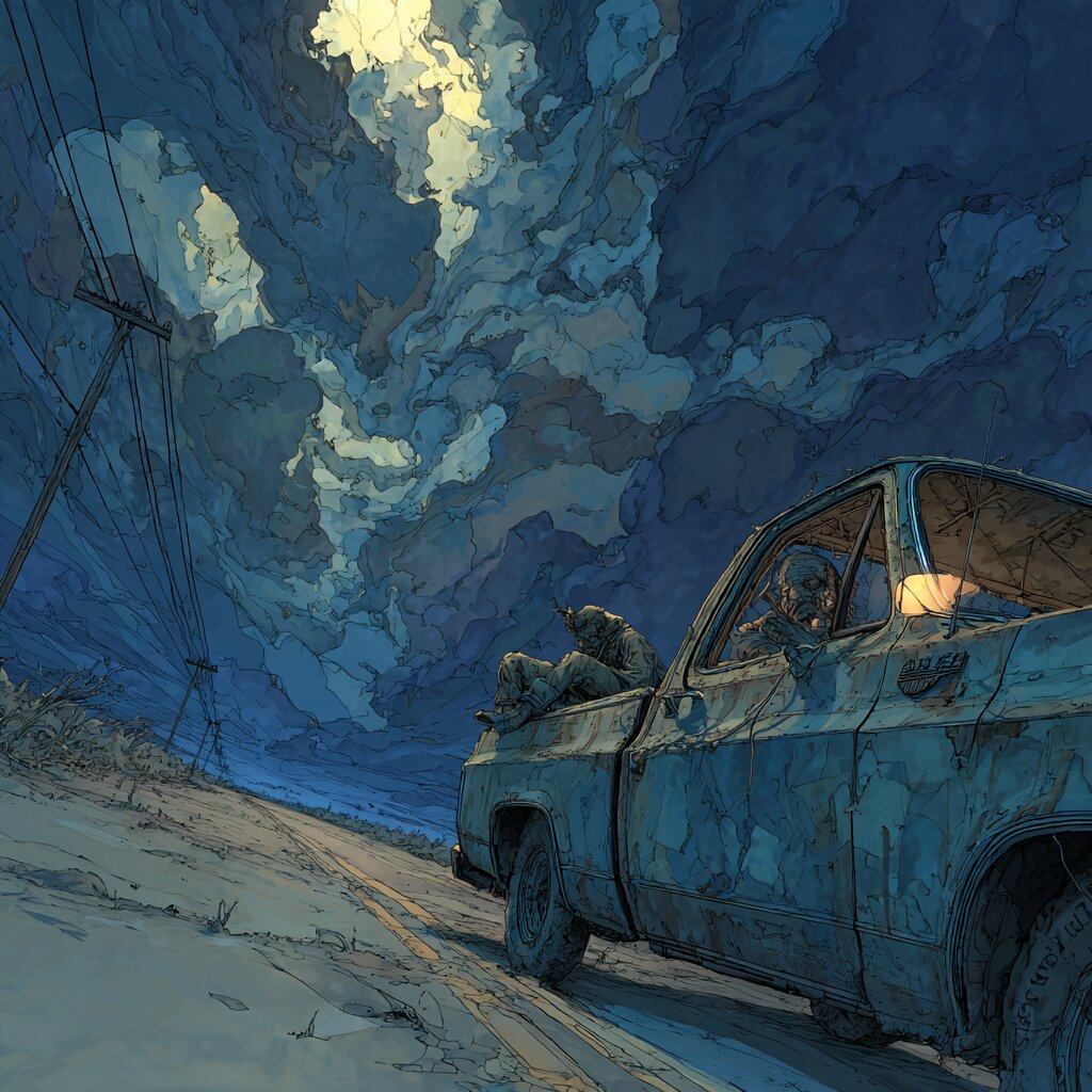 An old pickup truck seen from low at the roadside at night, a driver at the wheel and a figure crouched in the bed, moonlit clouds and power lines overhead.