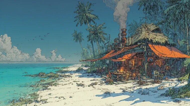 A thatched beach hut with an orange awning and a smoking chimney stands under palms on white sand beside a turquoise sea.
