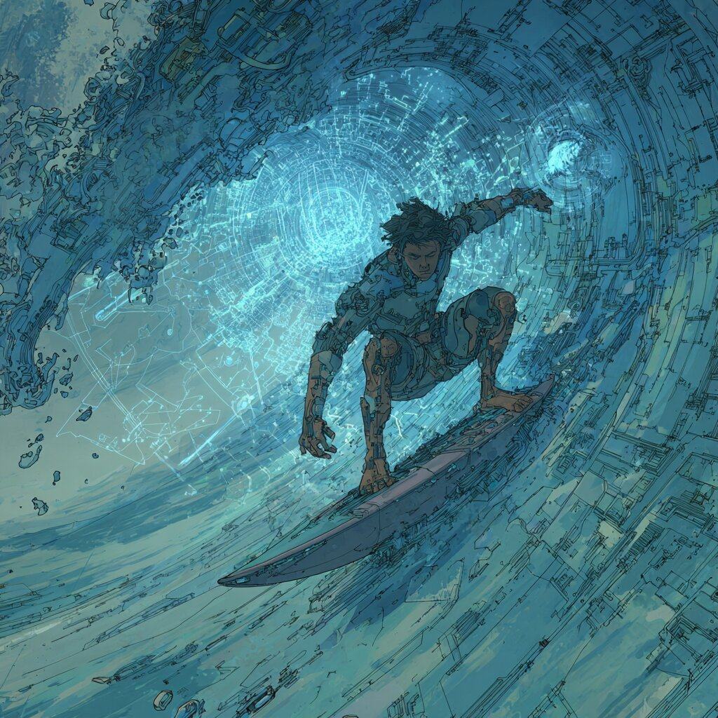 A surfer crouches on his board inside a curling wave patterned with fine glowing rings.