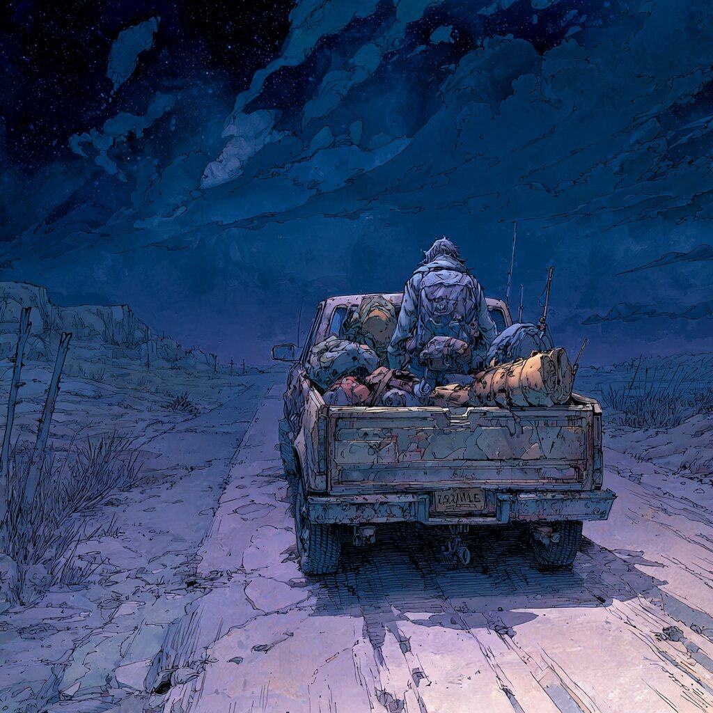 A hooded traveler sits hunched among bags in the back of a pickup truck driving down an empty road under a dark night sky.
