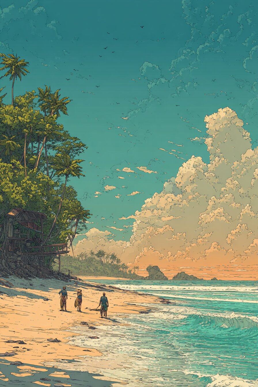 Three small figures carry boards along a golden beach at dawn, palms on one side and low surf on the other.