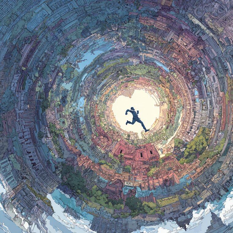 A small figure runs across a bright opening at the centre of a spiral of cities, temples and forests.