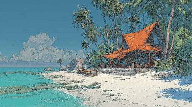 An orange thatched hut among palms on a white beach beside a turquoise sea.