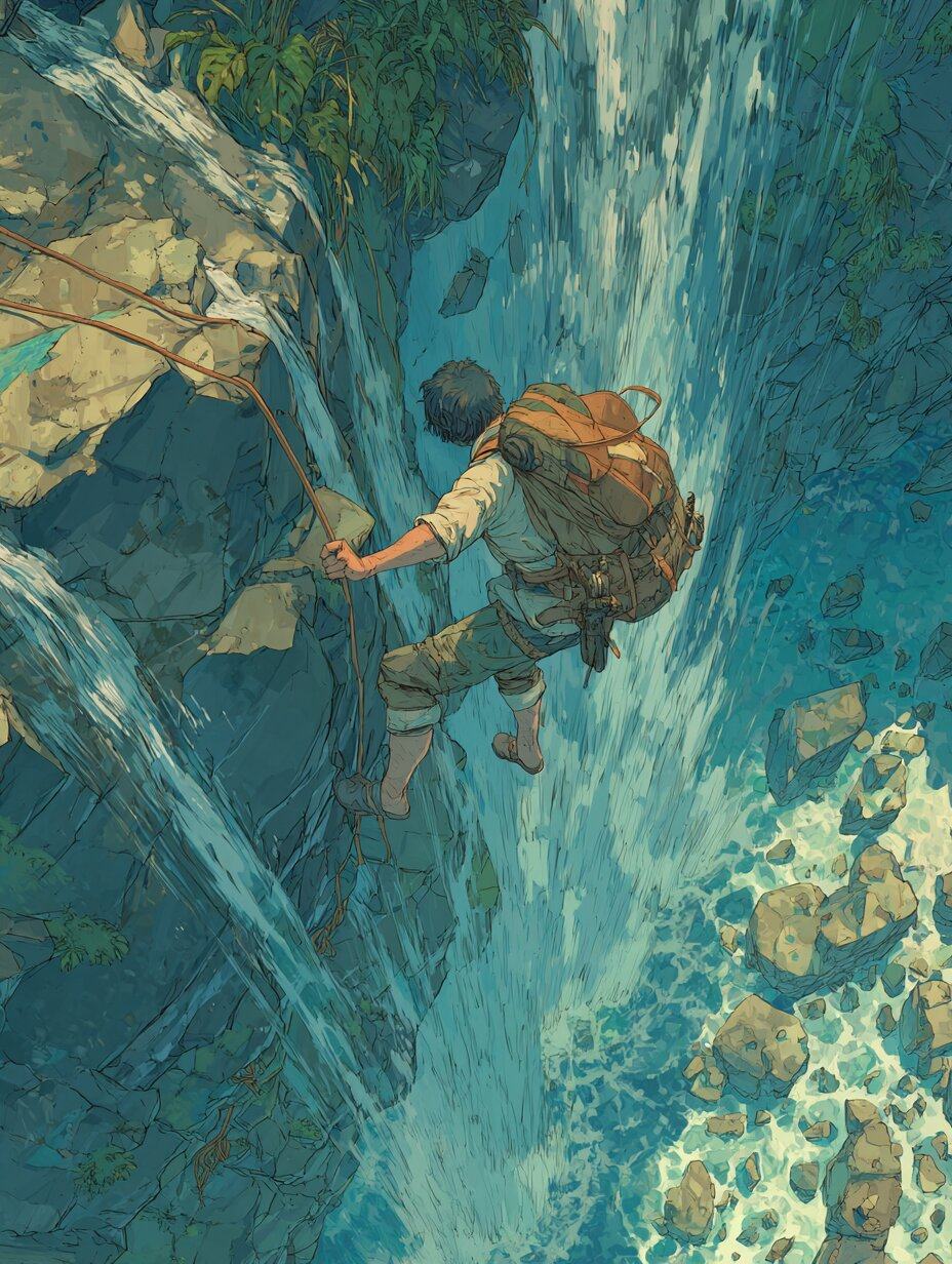 Seen from above, a climber with an orange backpack hangs from a rope on a wet cliff beside a waterfall, a rocky turquoise pool far below.