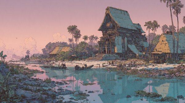 A tall wooden house with a steep green roof stands among palms and thatched huts beside still water under a pink sky.
