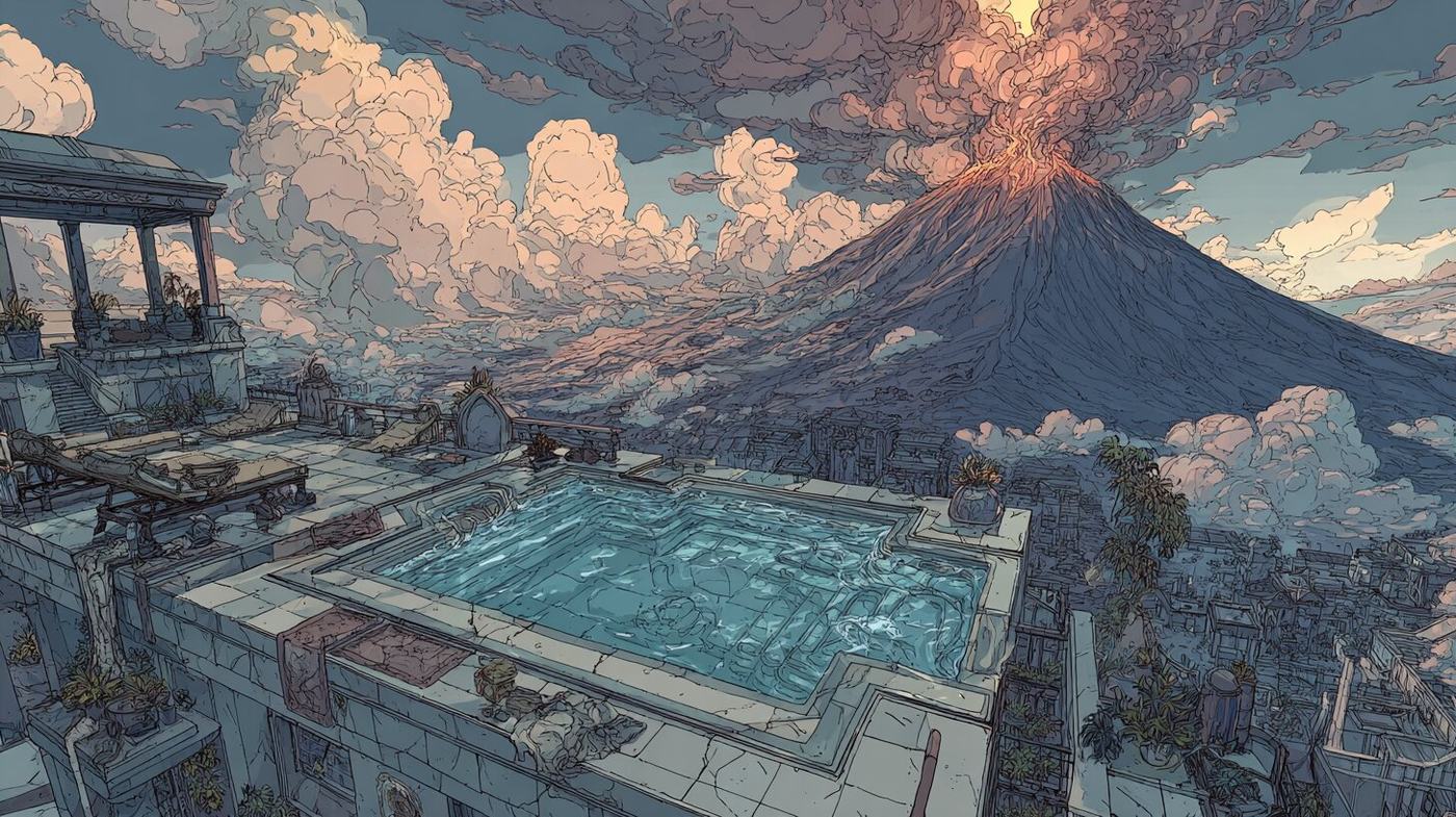A stone terrace with a square pool looks out at a dark volcano sending smoke and red lava into the clouds.