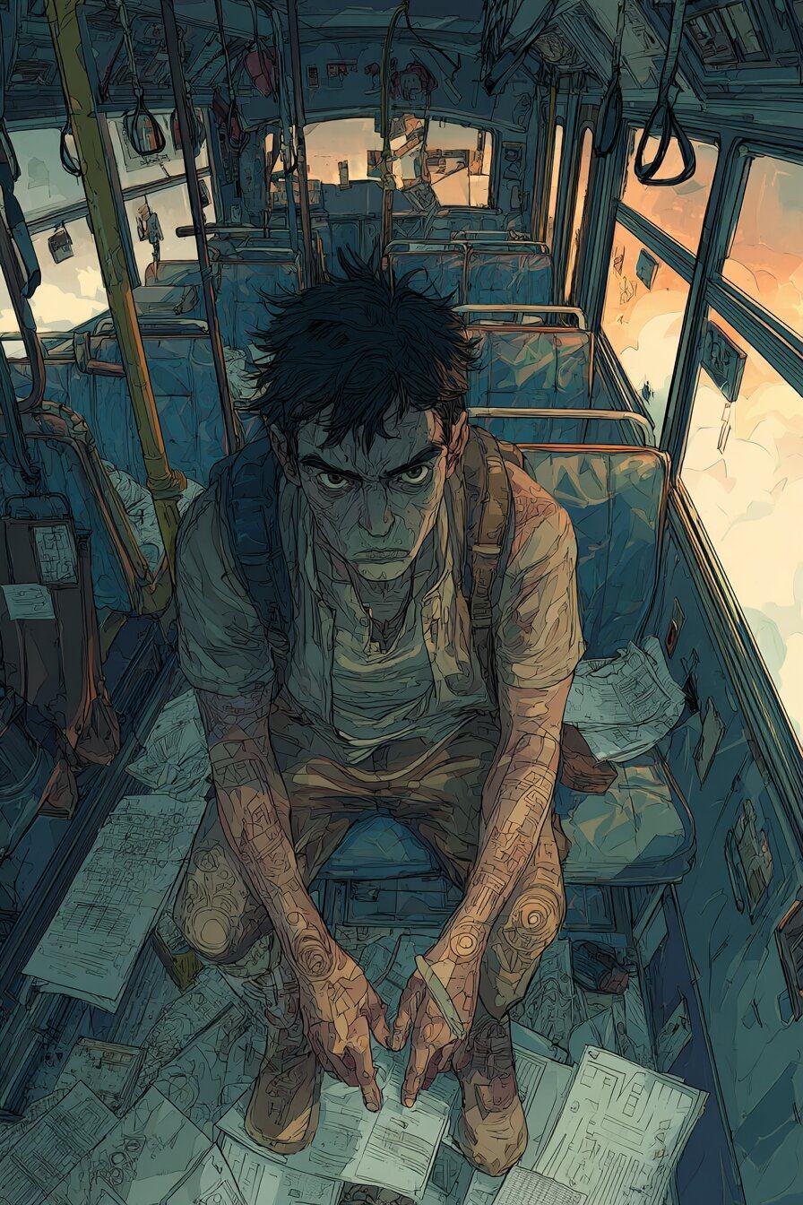 A young man with dark troubled eyes and scarred arms sits hunched on a bus seat, staring straight at us.