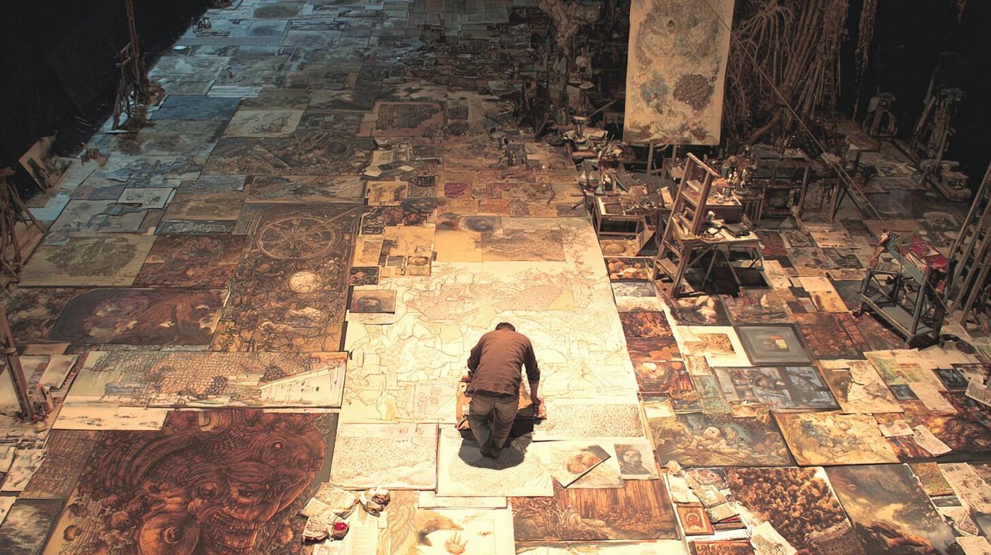 Seen from above, a man kneels on a floor completely covered with unrolled dark paintings.