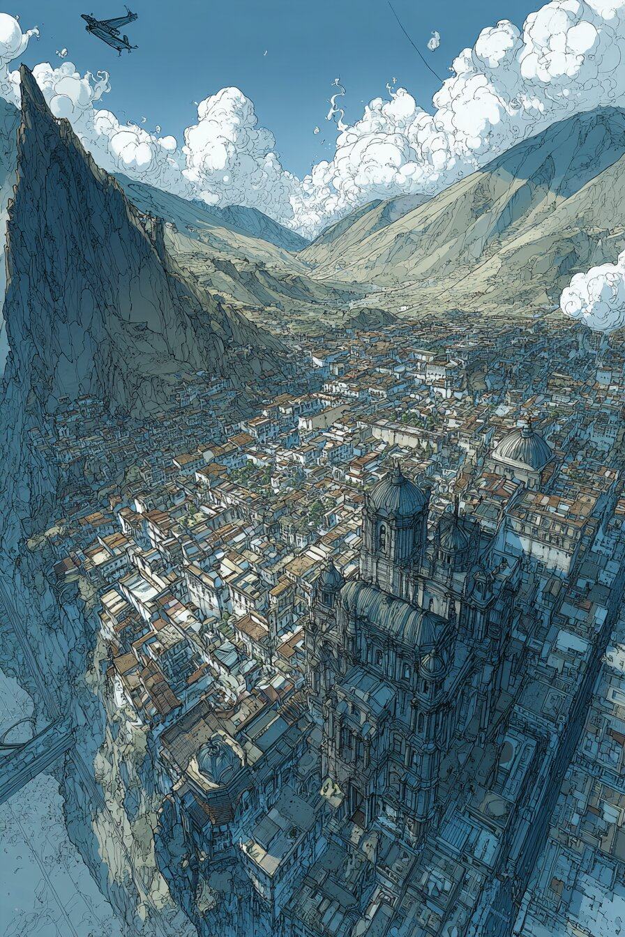 From high above, a dense city fills a long valley between steep green mountains under white clouds.