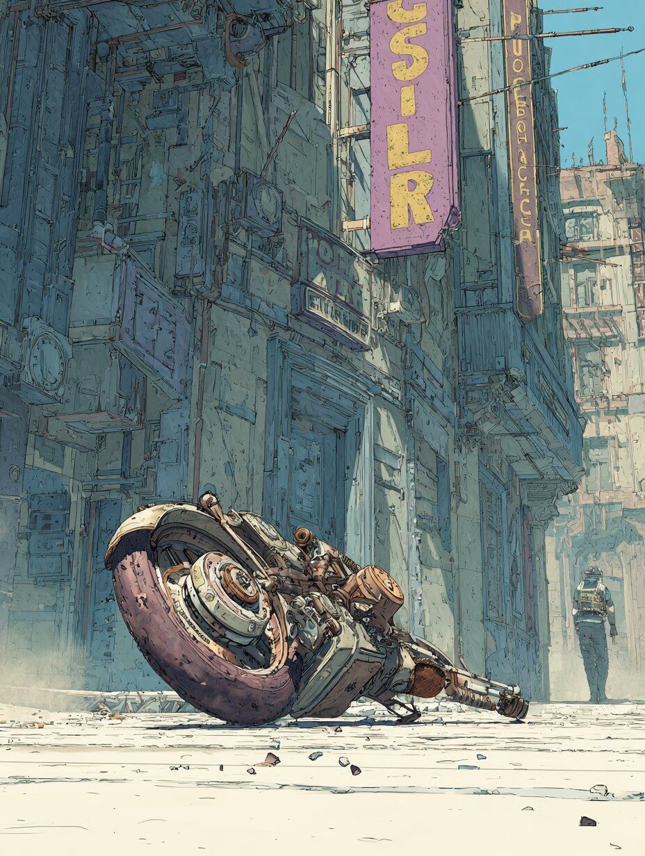 A revolver lies huge and close on the pavement while a lone figure stands far down the street under a hanging sign.