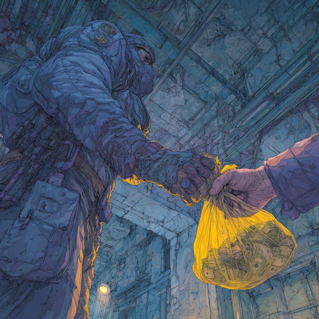 Seen from below in a dark stone alley, a masked officer in padded gear and a bare hand hold a yellow plastic bag of banknotes between them.