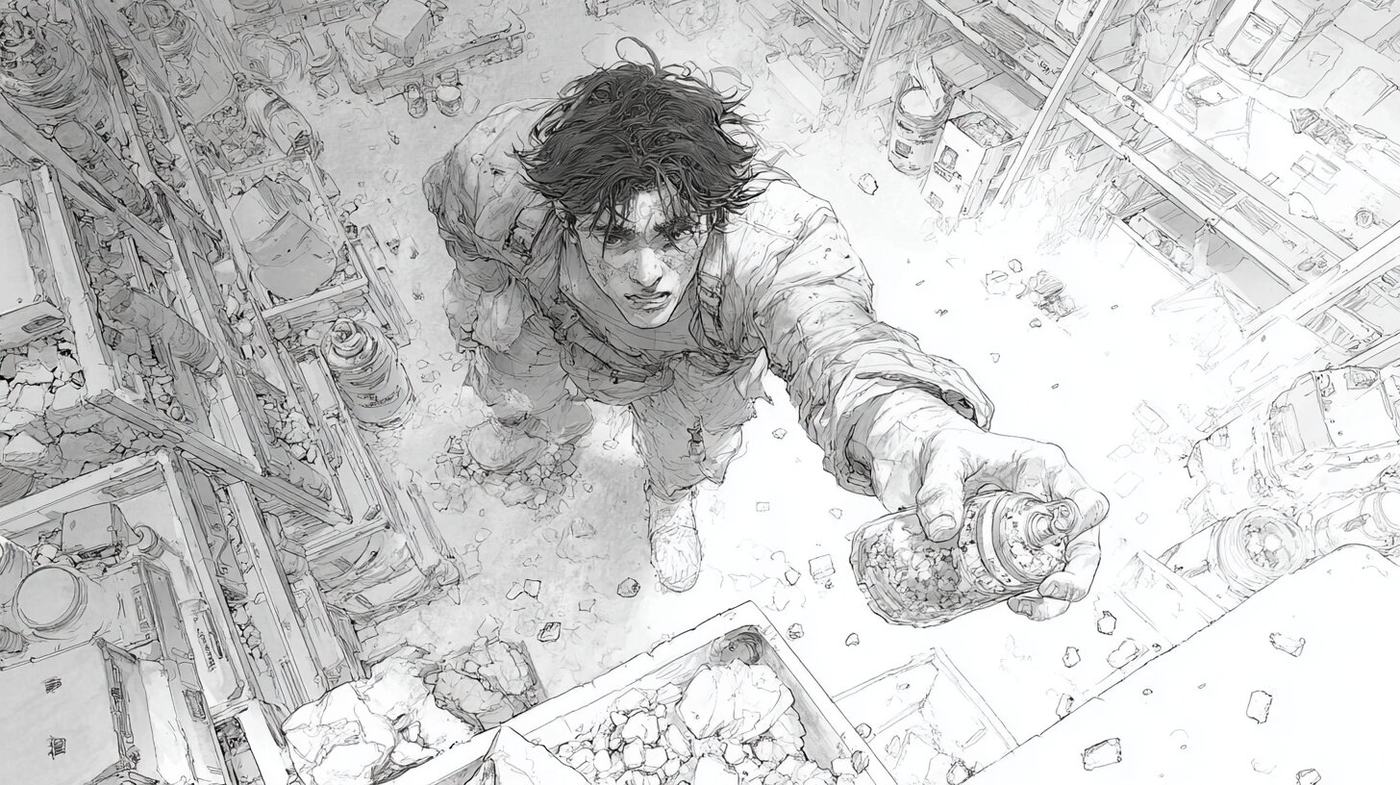 A pencil drawing, seen from above, of a young man reaching up toward us with a small bundle in his outstretched hand.