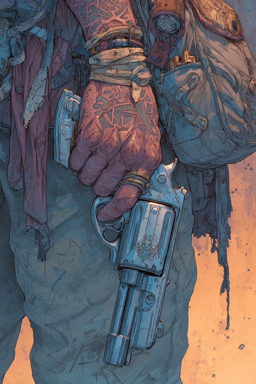 A close view of a tattooed hand with wrist wraps and a ring holding a revolver pointed at the ground beside a worn backpack, an orange sky behind.